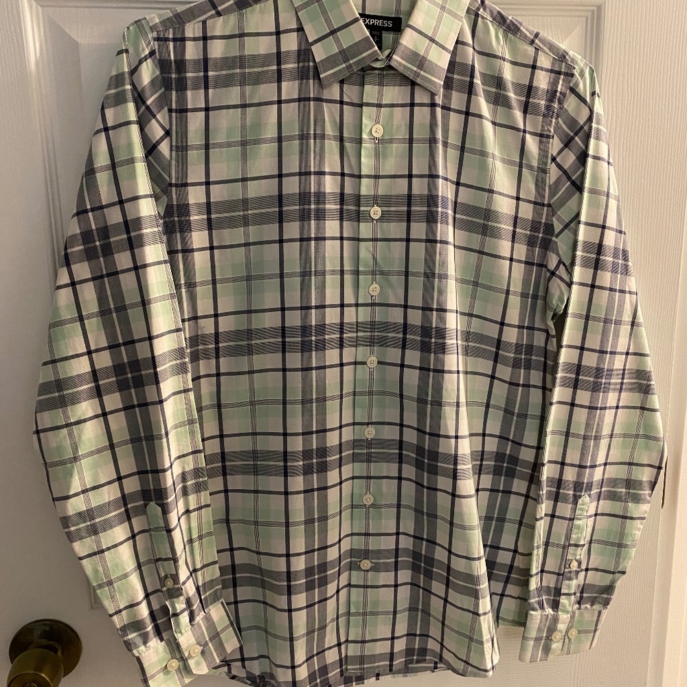 Express Men’s L/S Button Down, Size S, Extra Slim, Green/Navy Plaid